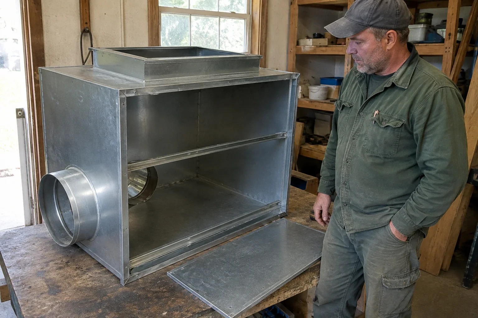 Technician viewing an empty metal air-handling enclosure with top and side duct collars and a detached front panel.
