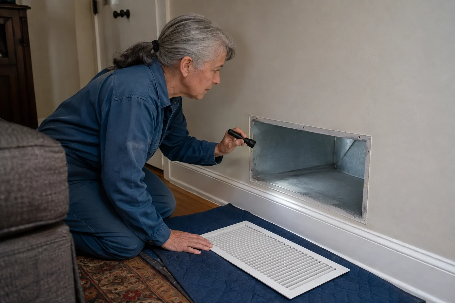 Technician using a flashlight to inspect an accessible wall-return surface beside a detached grille.
